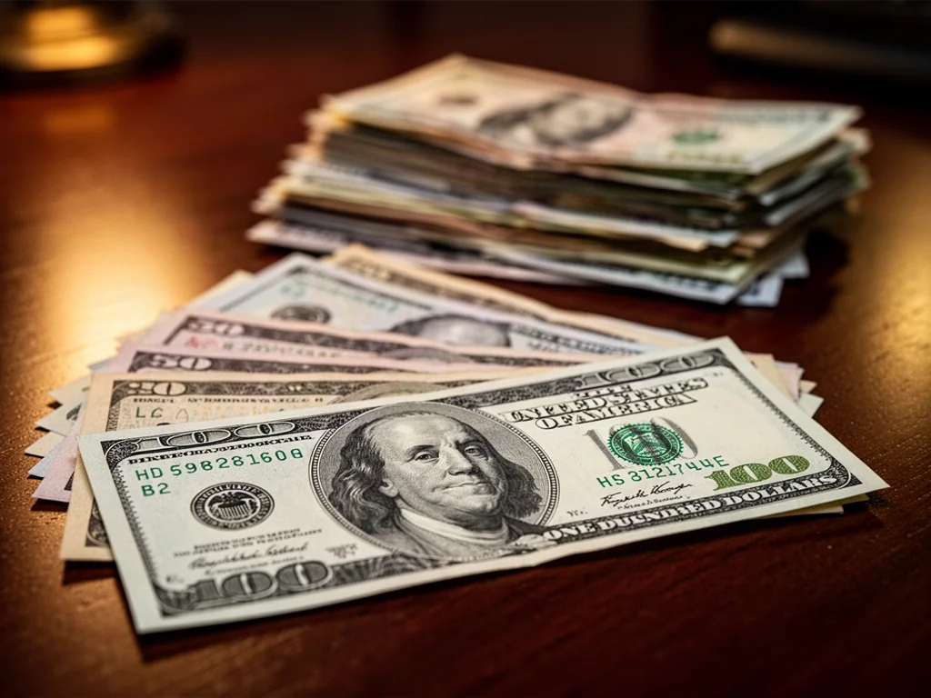  Wachlarz amerykańskich banknotów dolarowych ułożonych na ciemnym, drewnianym biurku z wyeksponowanym banknotem studolarowym.