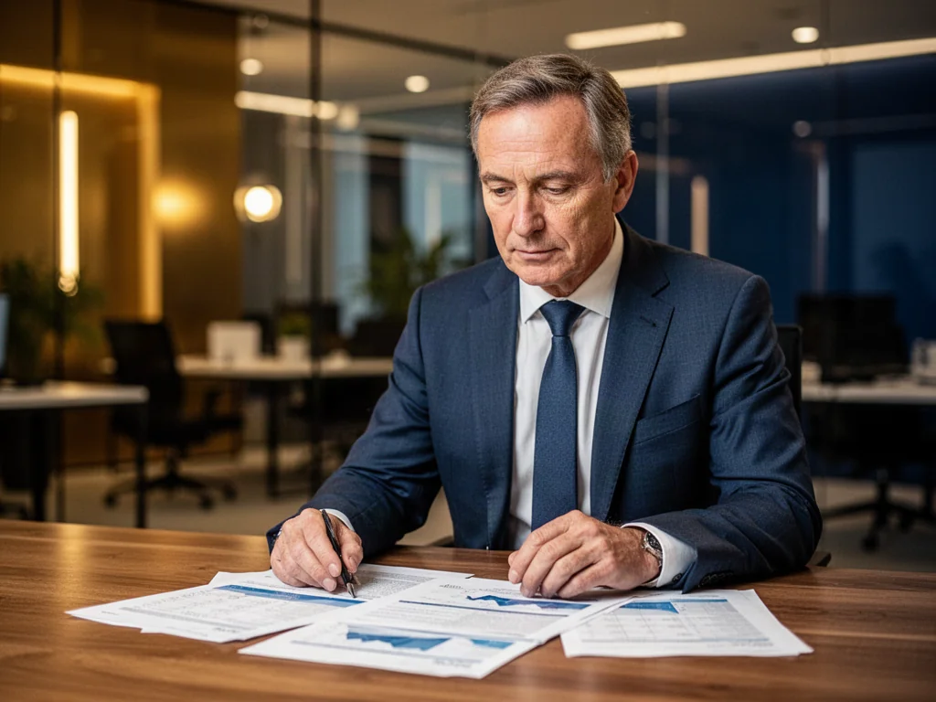 Mężczyzna w średnim wieku przegląda dokumenty finansowe przy biurku, planując swoją przyszłość emerytalną.
