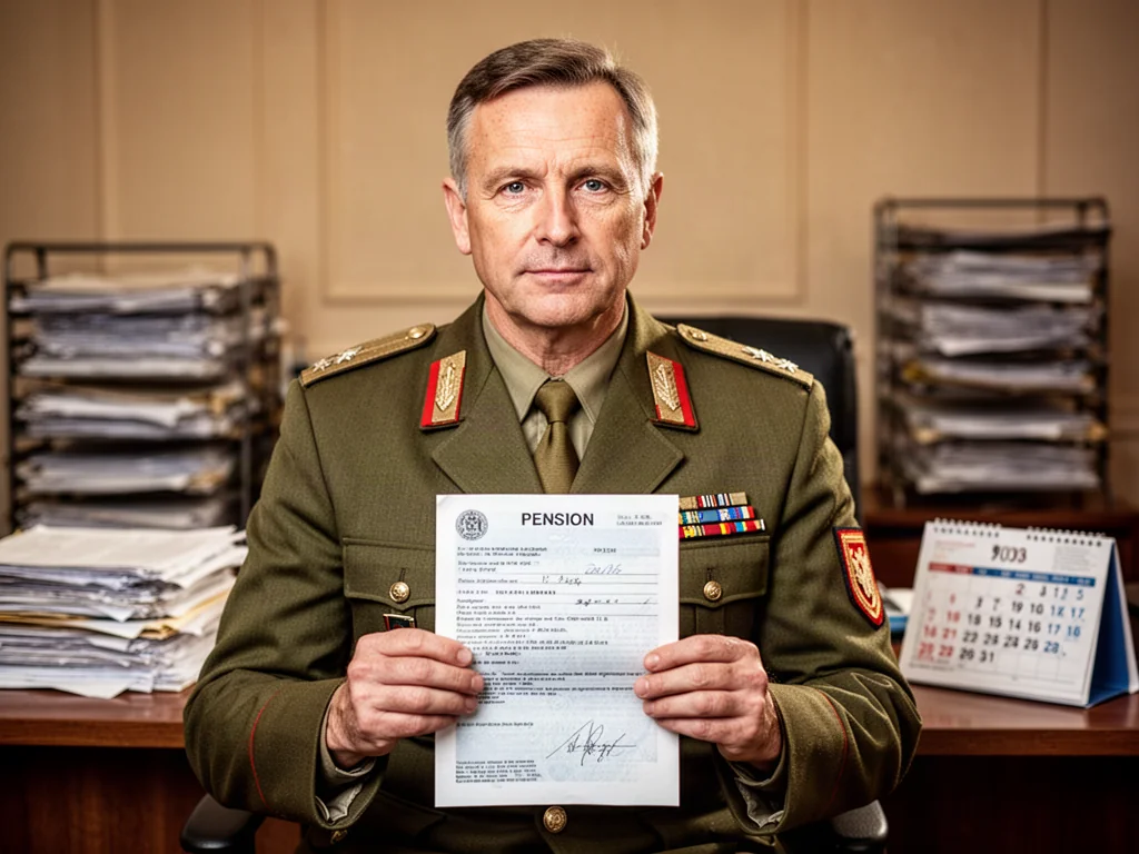 Mężczyzna w mundurze wojskowym z lat 90. trzymający dokumenty emerytalne w biurowym otoczeniu.
