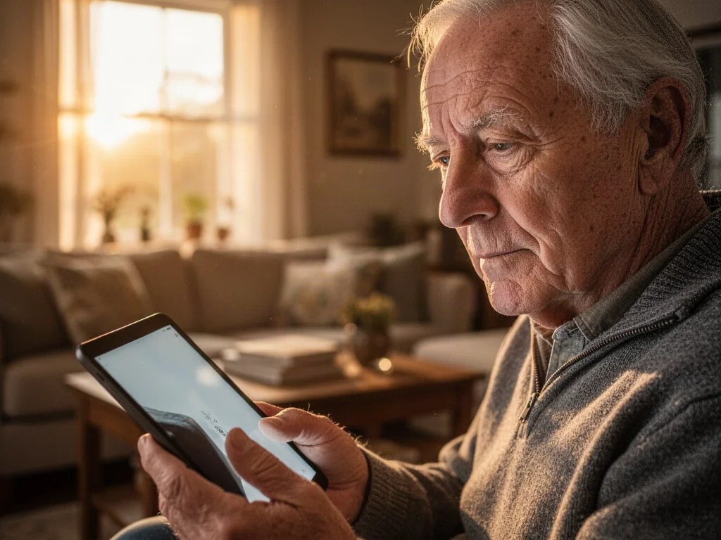 Starszy mężczyzna z uwagą przegląda tablet w przytulnym salonie, analizując swoje finanse i wysokość emerytury.
