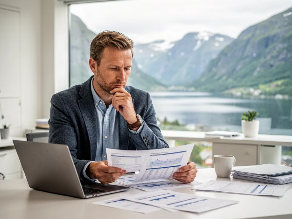 Mężczyzna w biurze analizuje dokumenty finansowe na tle norweskiego fiordu, co ilustruje planowanie norweskiej emerytury.