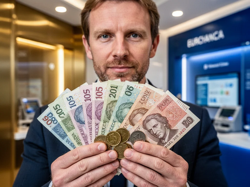 Mężczyzna trzymający w dłoniach czeskie korony i polskie monety w tle nowoczesnego kantoru wymiany walut.